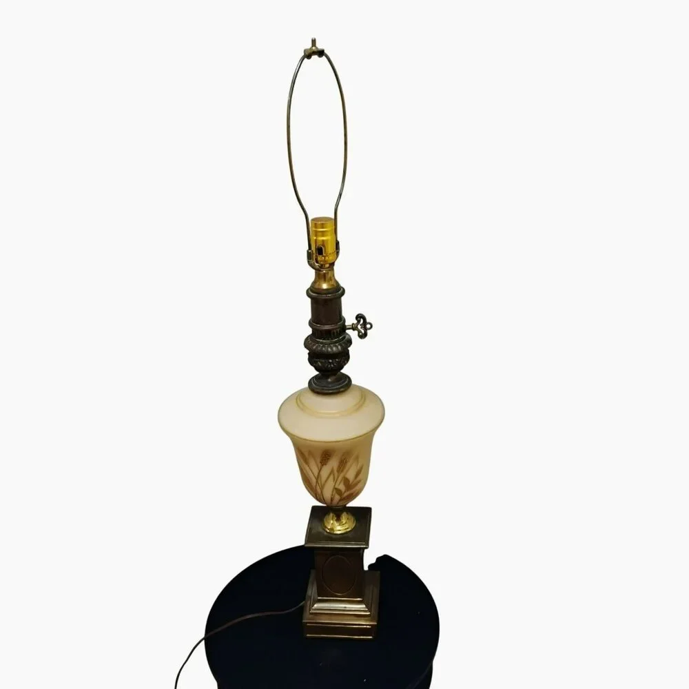 Antique Cream Satin Glass Table Lamp, Hand Painted Gold Wheat, Brass Base, 28
